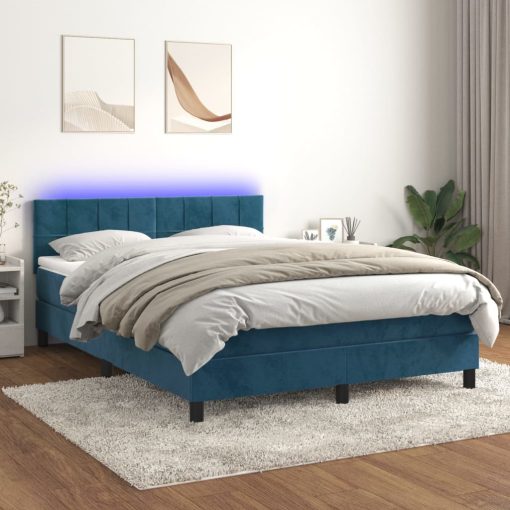 Box spring postelja z vzmetnico LED temno modra 140x190cm žamet