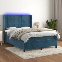 Box spring postelja z vzmetnico LED temno modra 140x190cm žamet