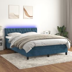 Box spring postelja z vzmetnico LED temno modra 140x190cm žamet