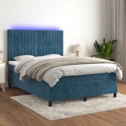 Box spring postelja z vzmetnico LED temno modra 140x190cm žamet