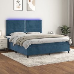 Box spring postelja z vzmetnico LED temno modra 160x200cm žamet