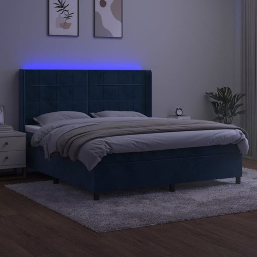 Box spring postelja z vzmetnico LED temno modra 160x200cm žamet - Image 3