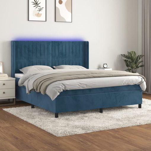 Box spring postelja z vzmetnico LED temno modra 180x200cm žamet