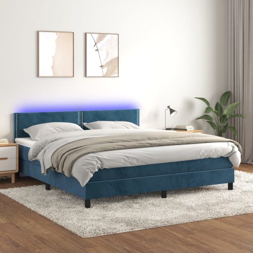 Box spring postelja z vzmetnico LED temno modra 180x200cm žamet