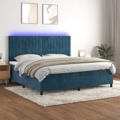Box spring postelja z vzmetnico LED temno modra 200x200cm žamet