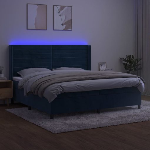 Box spring postelja z vzmetnico LED temno modra 200x200cm žamet - Image 3