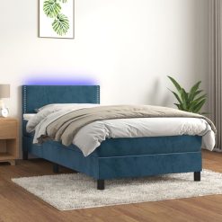 Box spring postelja z vzmetnico LED temno modra 90x190 cm žamet
