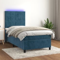 Box spring postelja z vzmetnico LED temno modra 90x190 cm žamet
