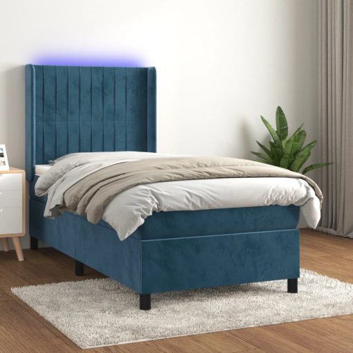 Box spring postelja z vzmetnico LED temno modra 90x190 cm žamet