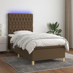 Box spring postelja z vzmetnico LED temno rjava 100x200cm blago