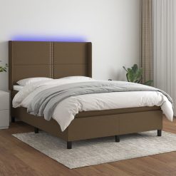 Box spring postelja z vzmetnico LED temno rjava 140x190cm blago