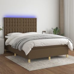 Box spring postelja z vzmetnico LED temno rjava 140x190cm blago