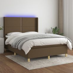 Box spring postelja z vzmetnico LED temno rjava 140x190cm blago