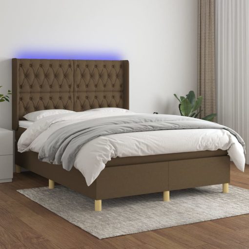 Box spring postelja z vzmetnico LED temno rjava 140x190cm blago