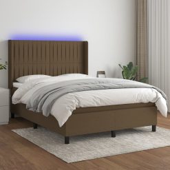 Box spring postelja z vzmetnico LED temno rjava 140x190cm blago