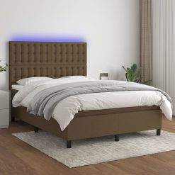 Box spring postelja z vzmetnico LED temno rjava 140x190cm blago