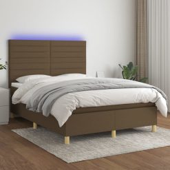 Box spring postelja z vzmetnico LED temno rjava 140x190cm blago