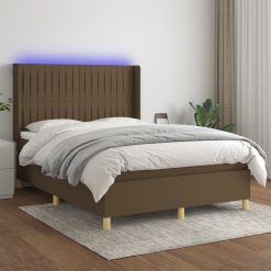 Box spring postelja z vzmetnico LED temno rjava 140x190cm blago