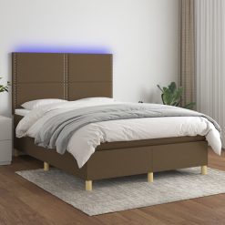 Box spring postelja z vzmetnico LED temno rjava 140x200cm blago