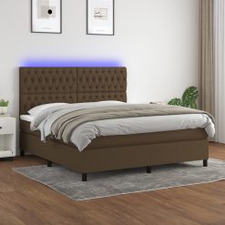 Box spring postelja z vzmetnico LED temno rjava 180x200cm blago