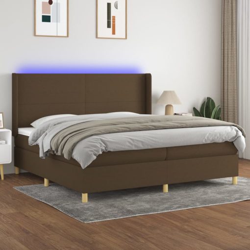 Box spring postelja z vzmetnico LED temno rjava 200x200cm blago