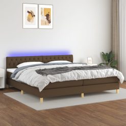 Box spring postelja z vzmetnico LED temno rjava 200x200cm blago