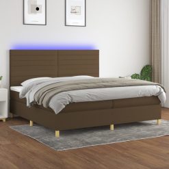 Box spring postelja z vzmetnico LED temno rjava 200x200cm blago