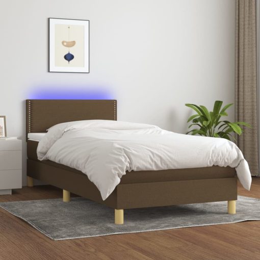 Box spring postelja z vzmetnico LED temno rjava 90x190 cm blago