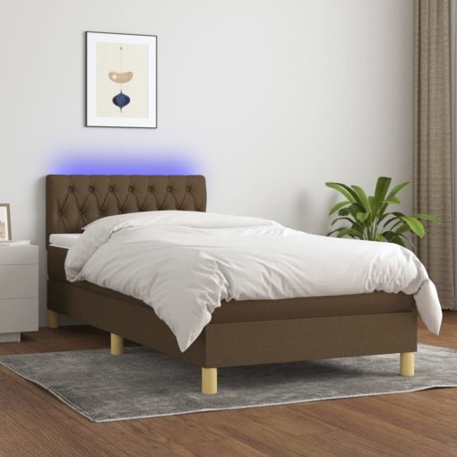 Box spring postelja z vzmetnico LED temno rjava 90x190 cm blago