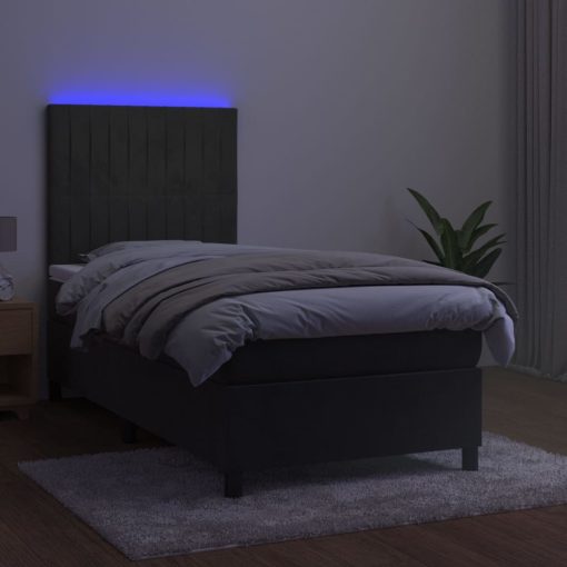 Box spring postelja z vzmetnico LED temno siva 100x200 cm žamet - Image 4