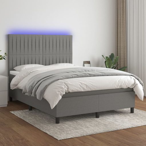 Box spring postelja z vzmetnico LED temno siva 140x190 cm blago