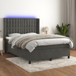 Box spring postelja z vzmetnico LED temno siva 140x190 cm žamet