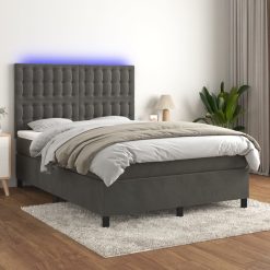 Box spring postelja z vzmetnico LED temno siva 140x190 cm žamet