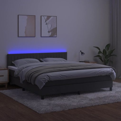 Box spring postelja z vzmetnico LED temno siva 160x200 cm žamet - Image 4