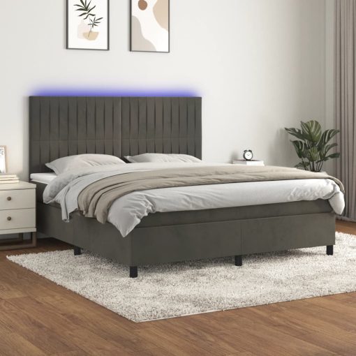 Box spring postelja z vzmetnico LED temno siva 180x200 cm žamet