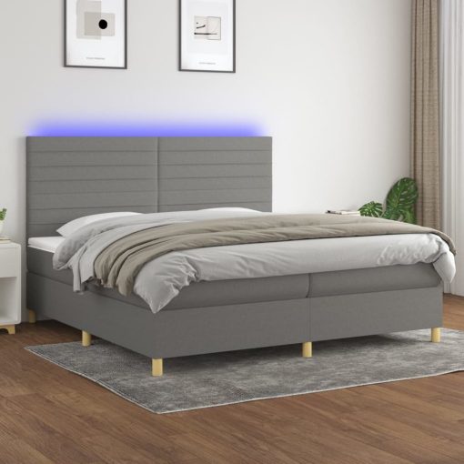 Box spring postelja z vzmetnico LED temno siva 200x200 cm blago