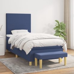 Box spring postelja z vzmetnico moder 90x190 cm blago