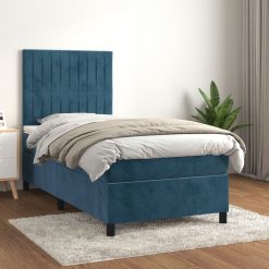 Box spring postelja z vzmetnico temno moder 90x190 cm žamet