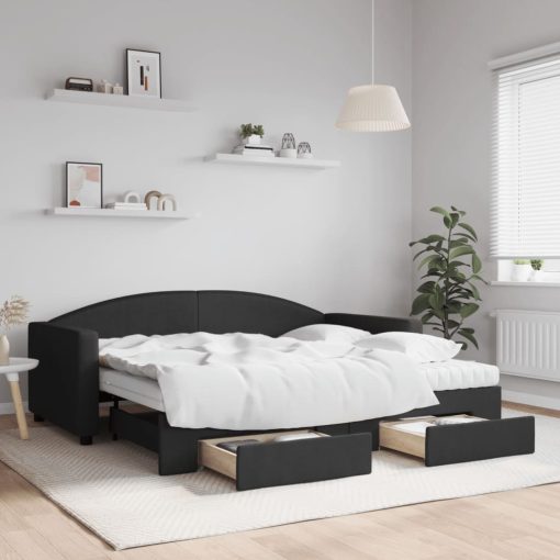 Izvlečna dnevna postelja s predali črna 90x190 cm blago