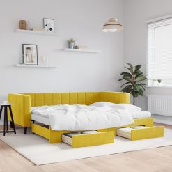 Izvlečna dnevna postelja s predali rumena 90x200 cm žamet