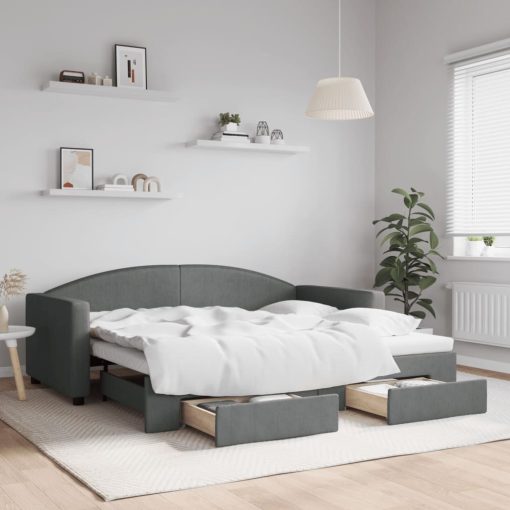 Izvlečna dnevna postelja s predali temno siva 90x190 cm blago
