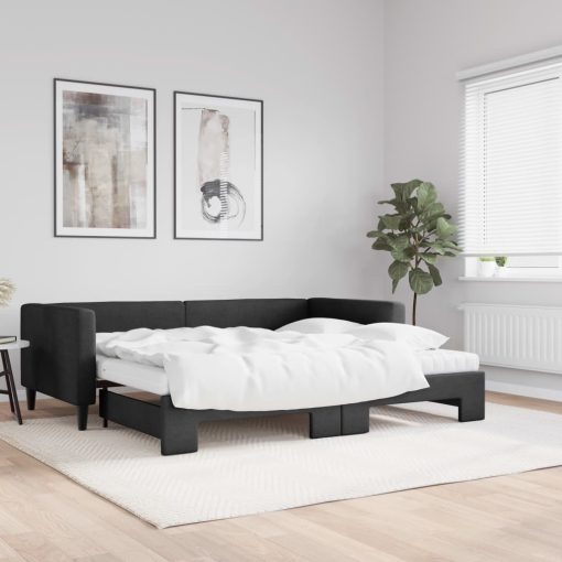 Izvlečna dnevna postelja z vzmetnicami črna 90x190 cm blago