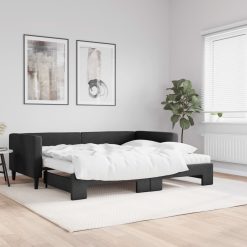 Izvlečna dnevna postelja z vzmetnicami črna 90x200 cm blago