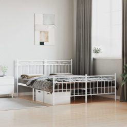 Kovinski posteljni okvir z vzglavjem in vznožjem bel 150x200 cm