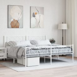 Kovinski posteljni okvir z vzglavjem in vznožjem bel 200x200 cm