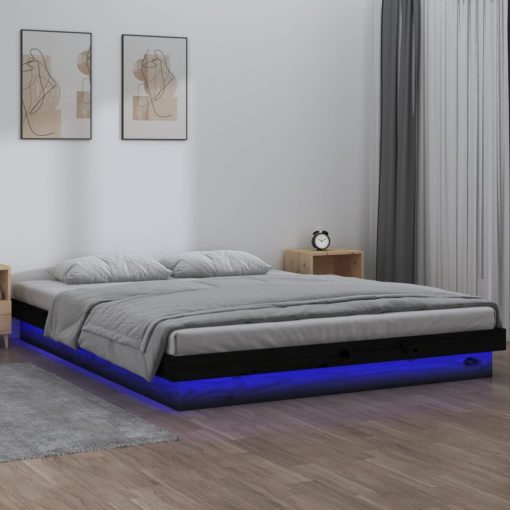 LED posteljni okvir črn 200x200 cm trden les