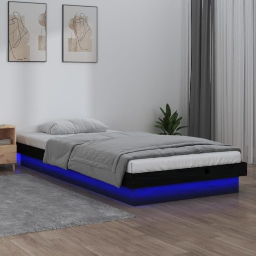 LED posteljni okvir črn 90x200 cm trden les