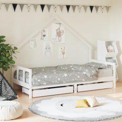 Otroški posteljni okvir s predali bel 90x190 cm trdna borovina