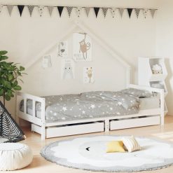Otroški posteljni okvir s predali bel 90x200 cm trdna borovina