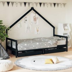 Otroški posteljni okvir s predali črn 80x200 cm trdna borovina